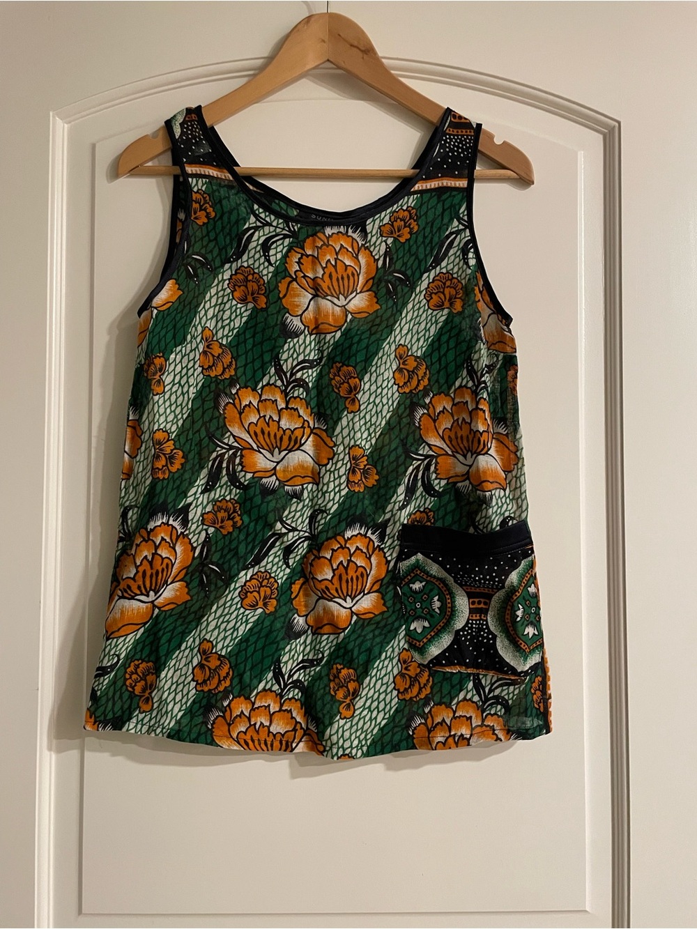 SUNO Limited Collection Floral Print Green & Orange Sleeveless Tank Top Blouse S